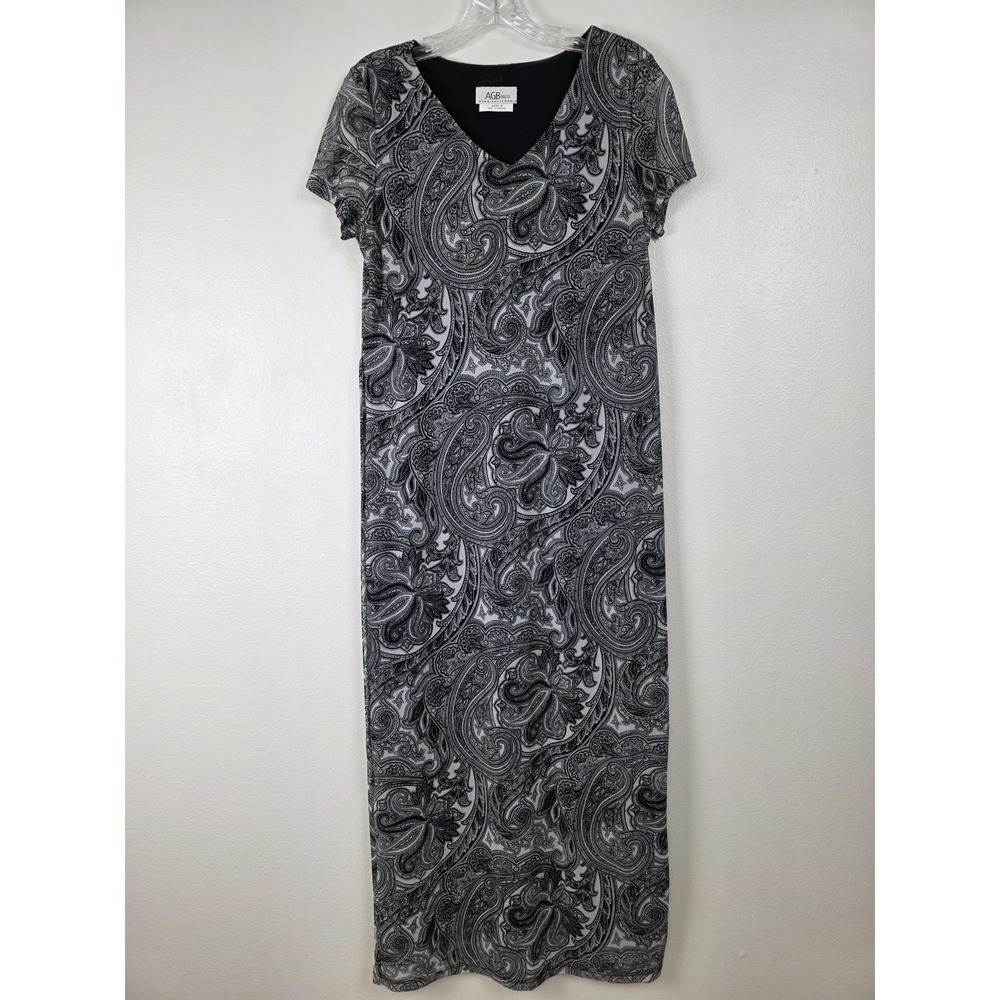 AGB Dress Womens Size 8 Black‎ White Paisley Maxi Short Sleeve Slit Lined Y2K